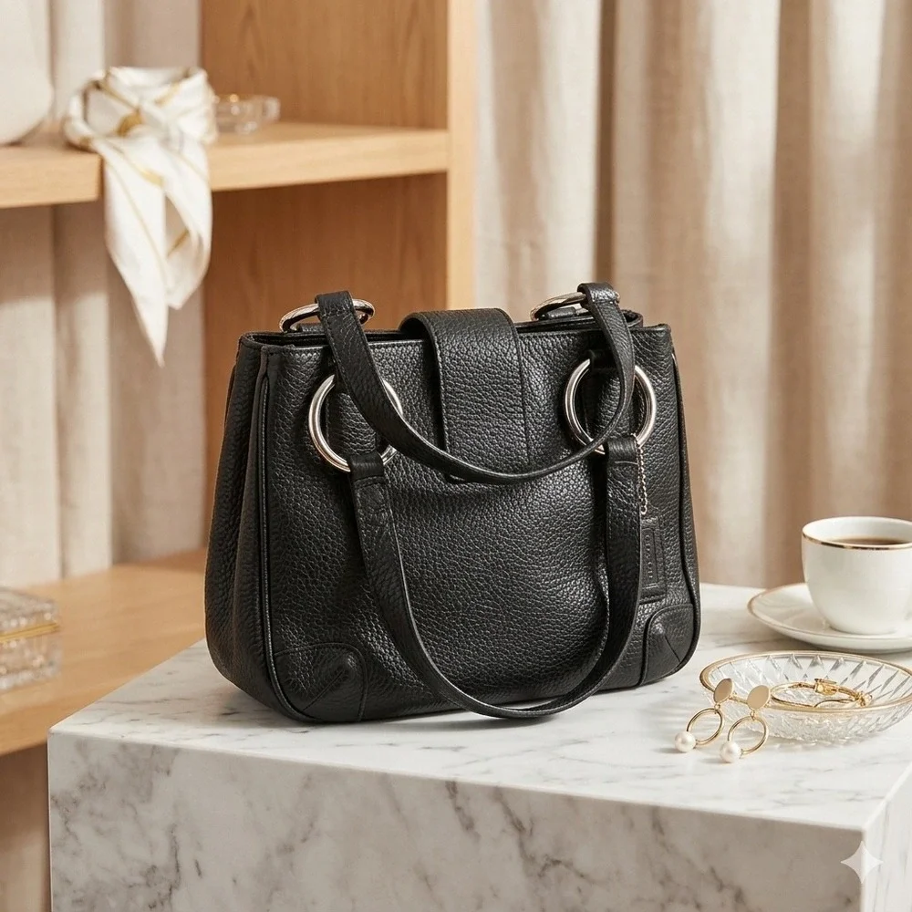 Cristian Black Pebbled Leather Handbag Made in Italy Silver Hardware Top Handle‎